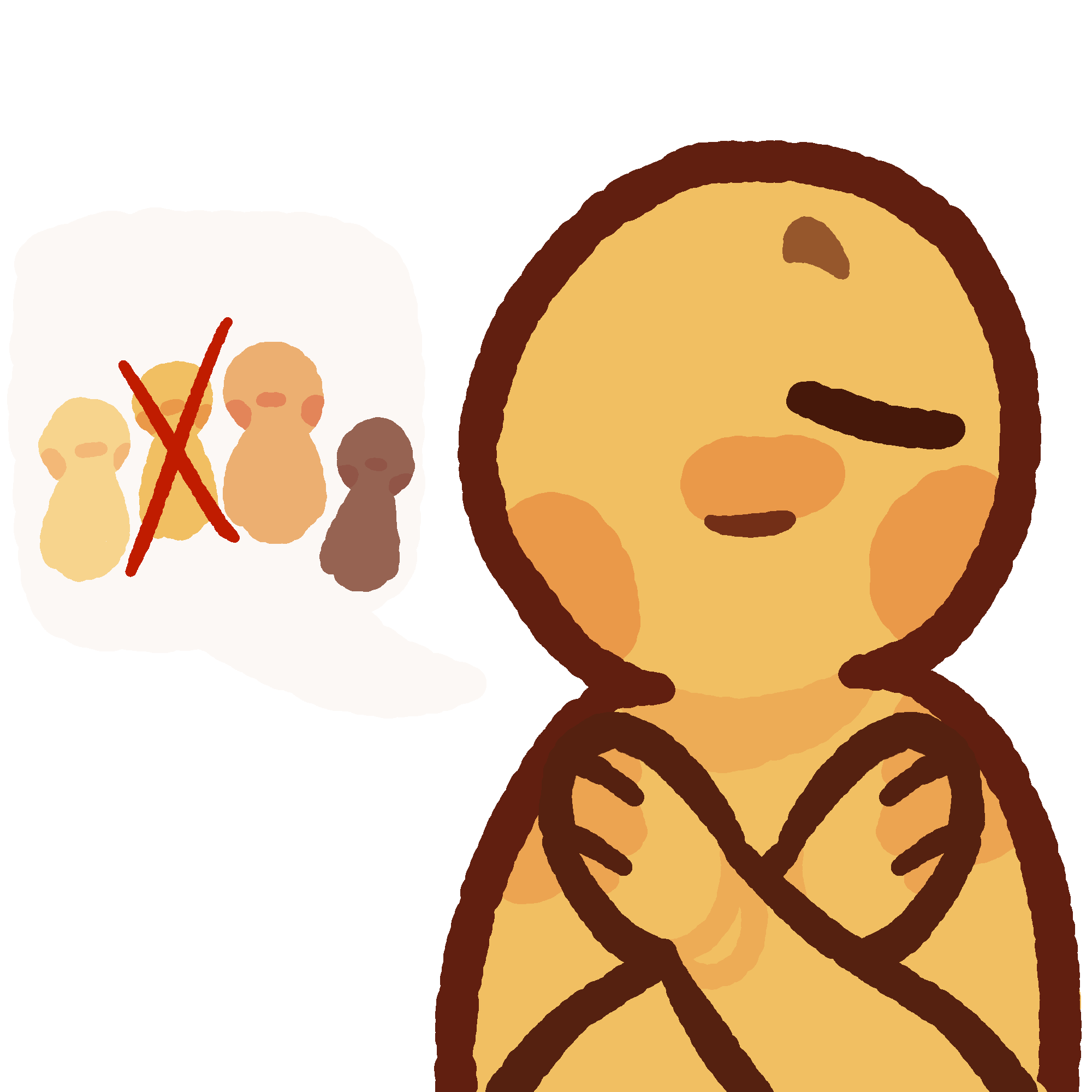 A simple yellow person with a neutral expression, both arms crossed over their chest to make an x. A speech bubble with four other figures in a group is next to them, an x is over the figure that is the same color as the main person